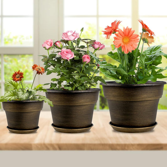 Plant Planters Pots Set of 4 Pack 11 Inch, Plastic Flower Pot for Indoor Plants with Drainage Holes & Trays, Resin Decorative Container Sets with Saucer for House Outdoor Garden Planters Dark Gold