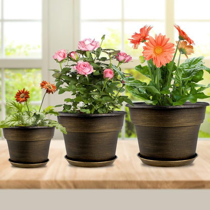 Plant Planters Pots Set of 4 Pack 8 Inch, Plastic Flower Pot for Indoor Plants with Drainage Holes & Trays, Resin Decorative Container Sets with Saucer for House Outdoor Garden Planters Dark Gold