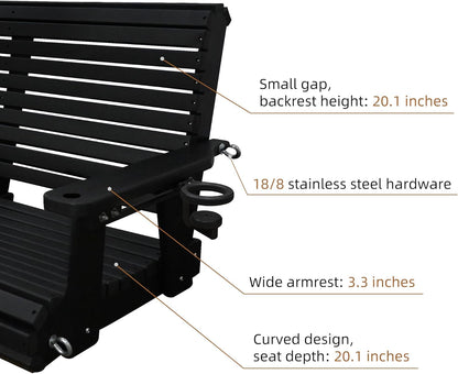HDPE Porch Swing with 18/8 Stainless Steel Bolts, Ergonomic Design, Ultra Weather-Resistant, Heavy Duty 1200 LBS, for Outdoor Patio Garden Yard (Darknight Black)