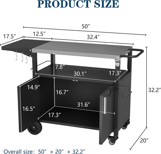 JY QAQA Outdoor Grill Cart with Storage,Patio Kitchen Island Outdoor Grill Table with Wheels,BBQ Cart Movable Pizza Oven Table Stand, Storage Cabinet, Foldable Tabletop, (Black)