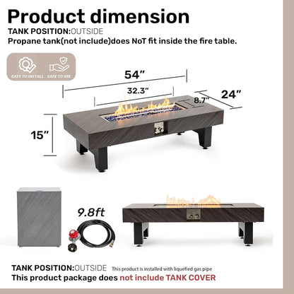 54”Propane Fire Pit,Outdoor Gas Fire Pit Table with Rain Cover,Rectangular Heater for Patio, Backyard, Deck,50,000BTU Outdoor Modern Patio Fire Pit.