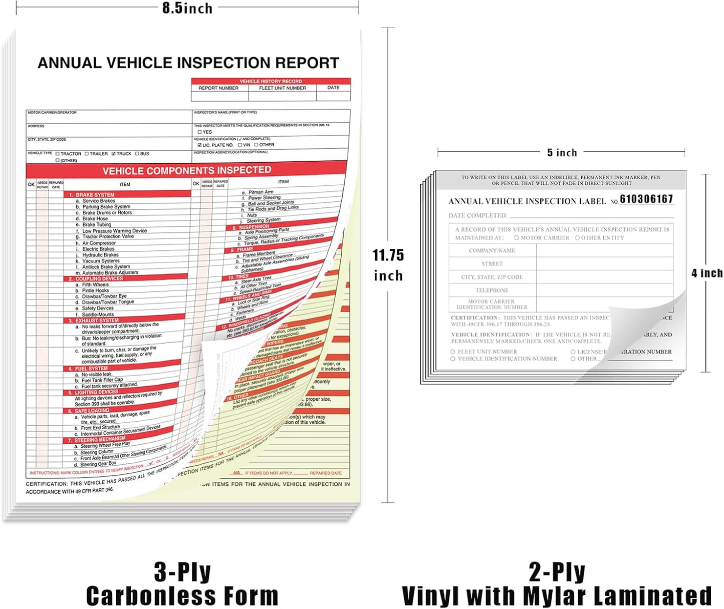 Goldenfox DOT Inspection Forms and Stickers. 50-Pack,3-Ply Carbonless Annual Vehicle Inspection Report (8.5" x 11.75") with 2-Ply Vinyl White Interior fmcsa Annual Inspection Sticker(5"x4")