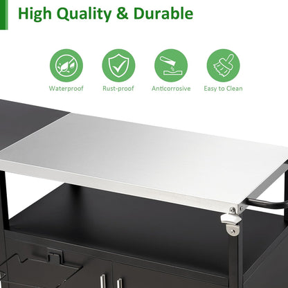 Outdoor Grill Cart with Storage Movable Grill Cart Outdoor Kitchen Island Pizza Oven Table Food Prep Table with Wheels Storage Cabinet for Outside Patio Backyard Garden