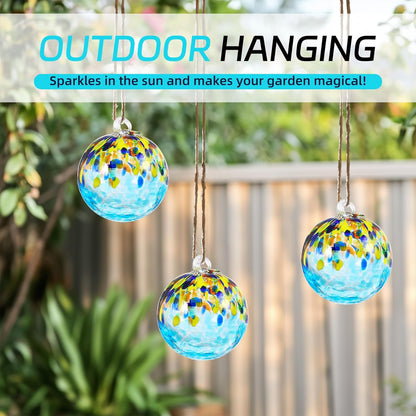 VOREEN 4" Hanging Glass Garden Gazing Ball Hand Blown Glass Witch Ball Christmas Ornament Friendship Balls for Outdoor Garden Patio Window Home Décor, Gift for Mom Wife Friend, Blue Ocean