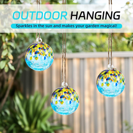 VOREEN 4" Hanging Glass Garden Gazing Ball Hand Blown Glass Witch Ball Christmas Ornament Friendship Balls for Outdoor Garden Patio Window Home Décor, Gift for Mom Wife Friend, Blue Ocean