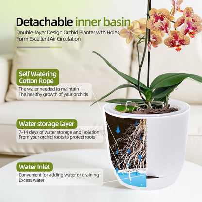 QCQHDU 2 Pack Orchid Pots with Holes for Repotting, Double-Layer and Self Watering Orchid Pot with Good Air Circulation