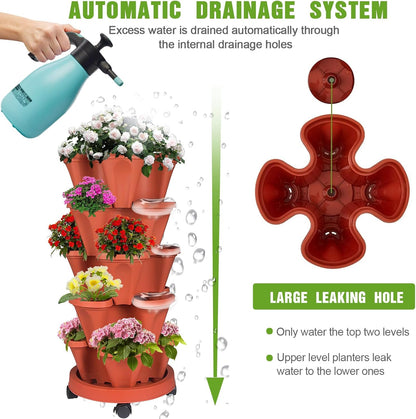 5 Tier Vertical Strawberry Planter-Tower Stackable Herb Planter Stacking Garden Planters Pot Outdoor With Tools Mover For Growing Flowers, Vegetables and Succulents