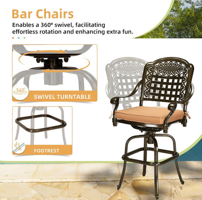 3-Piece Patio Swivel Bar Set, High Top Bar Table & Chairs, All-Weather Cast Aluminum Swivel Bar Stools (2) & 35.4" Table, Patio Bistro Set for Garden