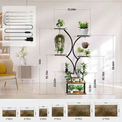 Plant Stand with Grow Lights, 9 Tiered Indoor Plant Shelf, 65” Tall Plant Holder for Indoor Plants Multiple, S-Shaped Metal Corner Plant Rack with Hanger for Home, Patio