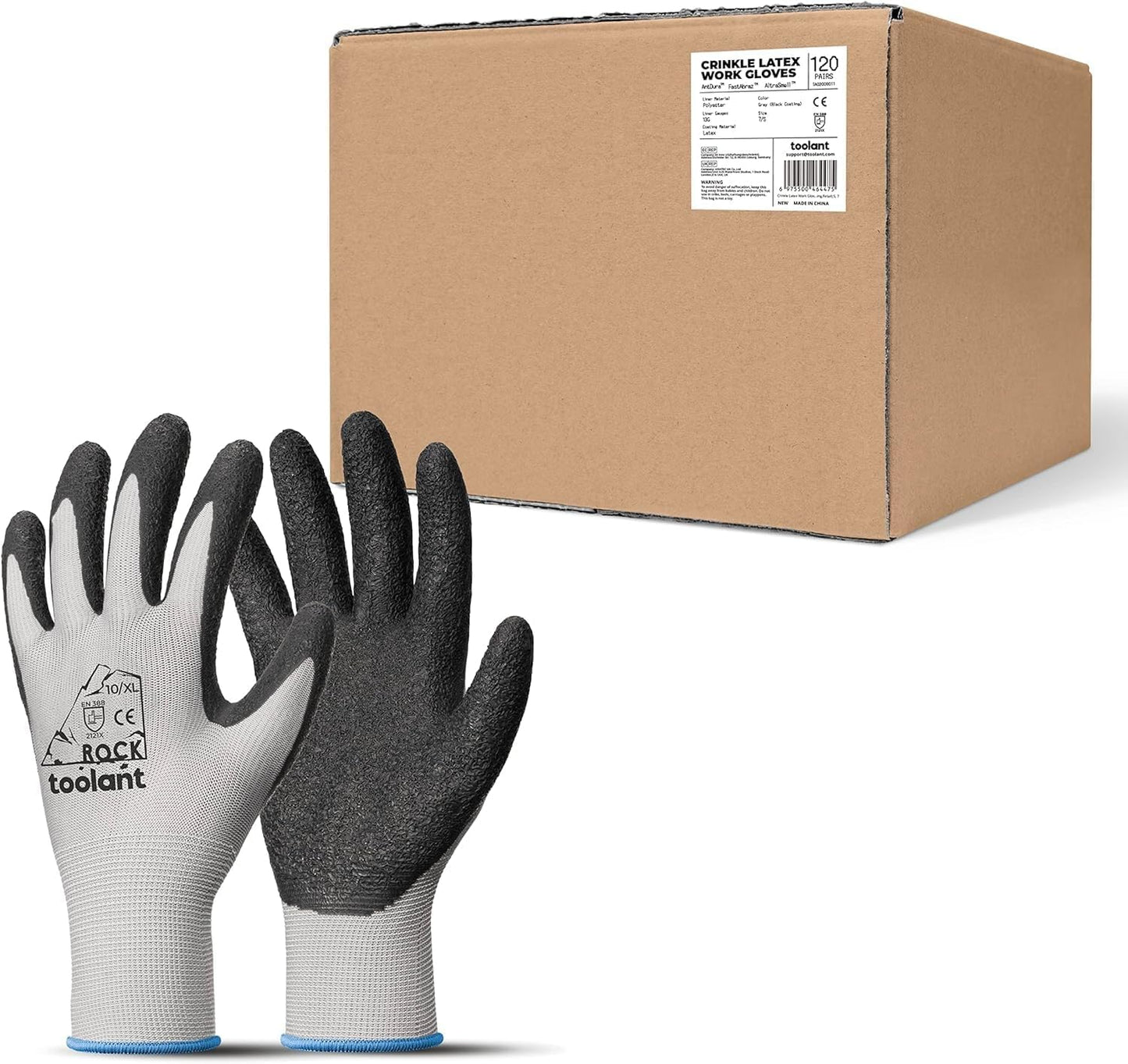 toolant Crinkle Latex Work Gloves Bulk, Rubber Coated Safety Work Gloves for Men and Women, 120 Pairs for Construction, Gardening, Warehouse (Gray, XL)
