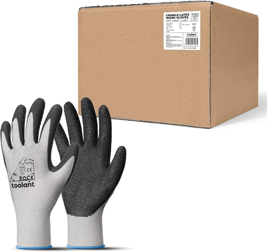 toolant Crinkle Latex Work Gloves Bulk, Rubber Coated Safety Work Gloves for Men and Women, 120 Pairs for Construction, Gardening, Warehouse (Gray, XL)