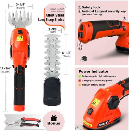 SHALL 2 in 1 Cordless Grass Trimmer & Hedge Shears - 7.2V Electric Shrub Cutter w/Pruning Scissors, Rechargeable Battery & Fast Charger