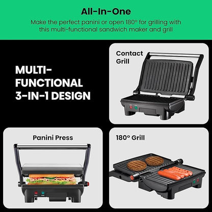 Chefman Electric Panini Press Grill, Compact 2-Slice Sandwich Maker, Non-Stick Coated Plates, Opens 180 Degrees, Dishwasher Safe, Removable Drip Tray, Stainless Steel/Black