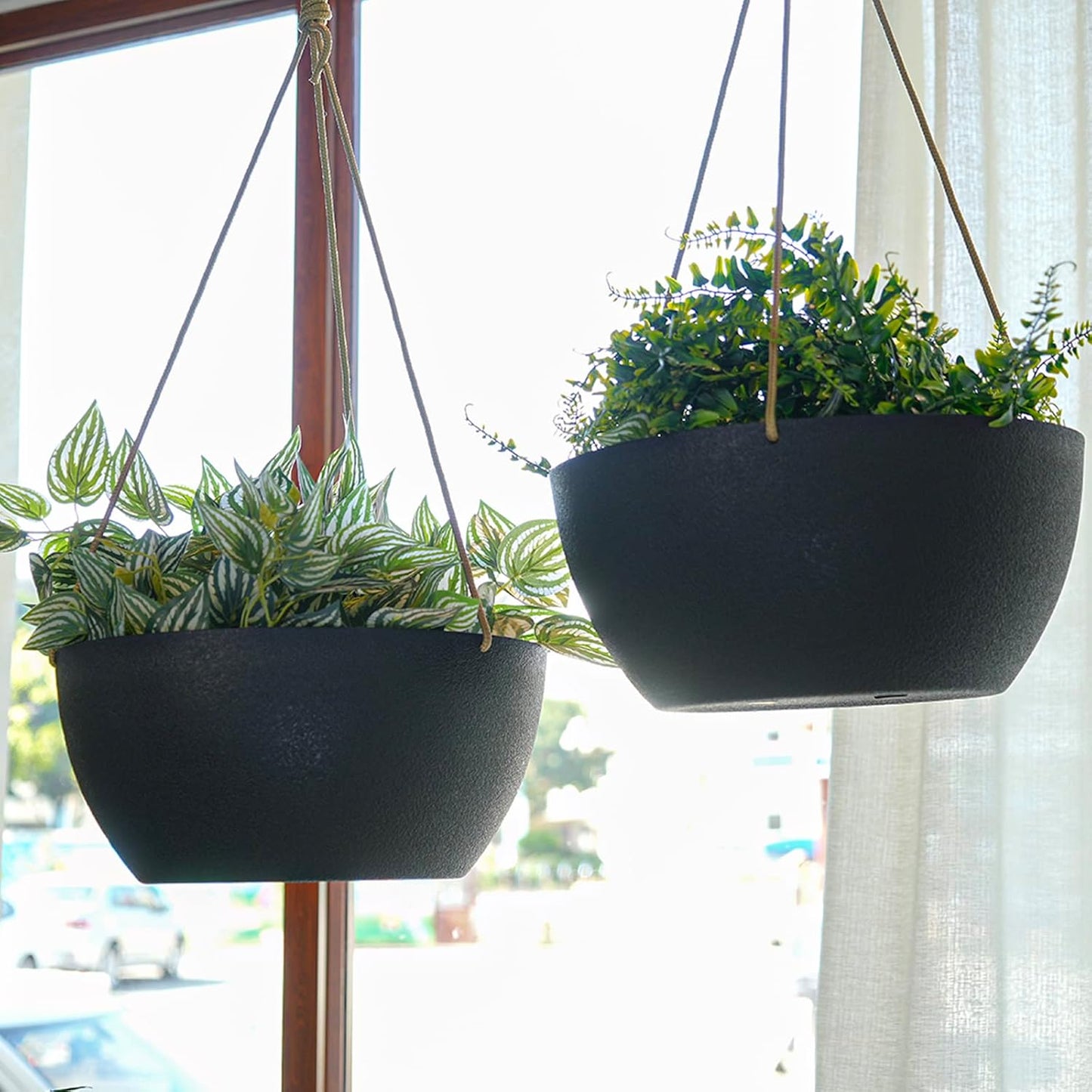 12 Inch 2 Pack Large Hanging Planters for Indoor Outdoor Plants, Plastic Hanging Basket Pots for House Plants Flowers, Black