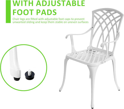 White Bistro Table and Chairs Set of 2, Cast Aluminum White Bistro Set Outdoor, Patio Bistro Sets with Umbrella Hole, Round Back Yard Set for Porch Balcony Garden