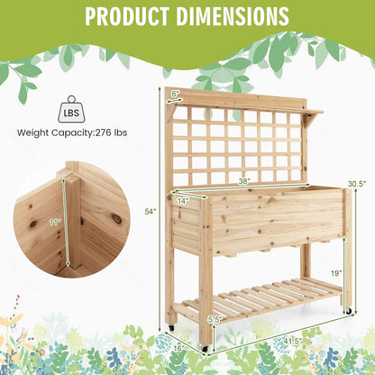 S AFSTAR Raised Garden Bed with Trellis, 41.5x16x54in Mobile Elevated Planter Box with Wheels, Bed Liner, Top/Bottom Storage Shelves, Freestanding Wood Planter Stand for Garden Patio Balcony