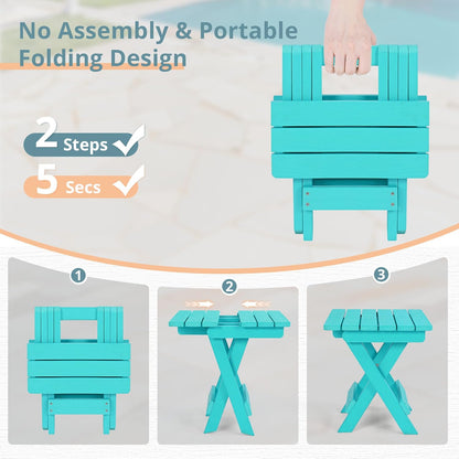 LUE BONA Small Outdoor Folding Side Table, HDPS Outside End Table for Patio, Porch, Deck, Pool, 14 Inch Height, Aruba Blue