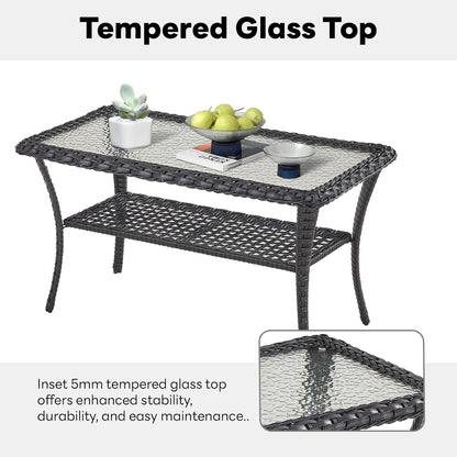 38 Inch Outdoor Coffee Table with 2 Tier Storage - Wicker Coffee Table with Water Ripple Texture Tempered Glass Top, All Weather Patio Coffee Table for Deck Porch Balcony Garden Black