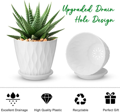 4 inch Plant Pots, 5 Pack Flower Pots Outdoor Indoor, Planters with Drainage Holes and Tray Saucers（White）