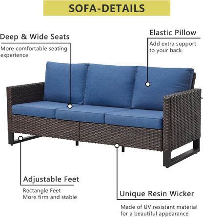 HUMMUH 7 Piece Patio Furniture Set Outdoor Sectional Sofa,High Back Patio Swivel Rocker Chairs with Ottomans Coffee Table for Porch,Garden,Backyard(Brown/Blue)