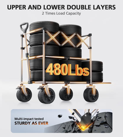 Foldable Wagon Cart,Everyfun 480Lbs Double Decker Wagon,Beach Carts with Big Wheels&Side Pocket&Dustbag,Large Capacity Folding Wagon for Shopping,Garden,Camping,Fish,New Wave Sports Wagon-Black