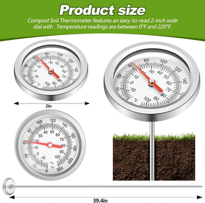 Compost Thermometer 39.4 Inch Stem Composting Soil Thermometer Waterproof Soil Temperature Thermometer, Fahrenheit and Celsius, Stainless Steel, with Composting Temperature Guide