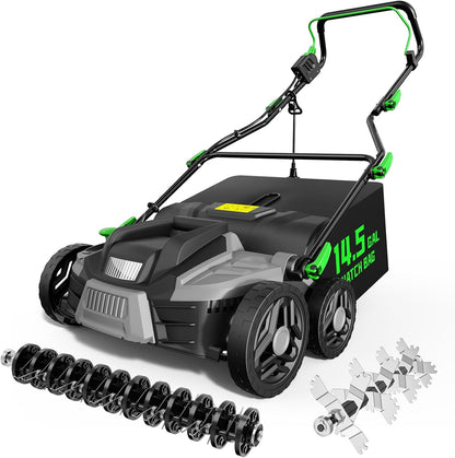 2025 Upgrade 16-Inch 15.5 Amp 2-in-1 Electric Dethatcher and Scarifier with 14.5-Gallon Collection Bag, Lawn Dethatcher with 5-Position Depth Adjustment, Keeps Lawn Healthy – Light Green