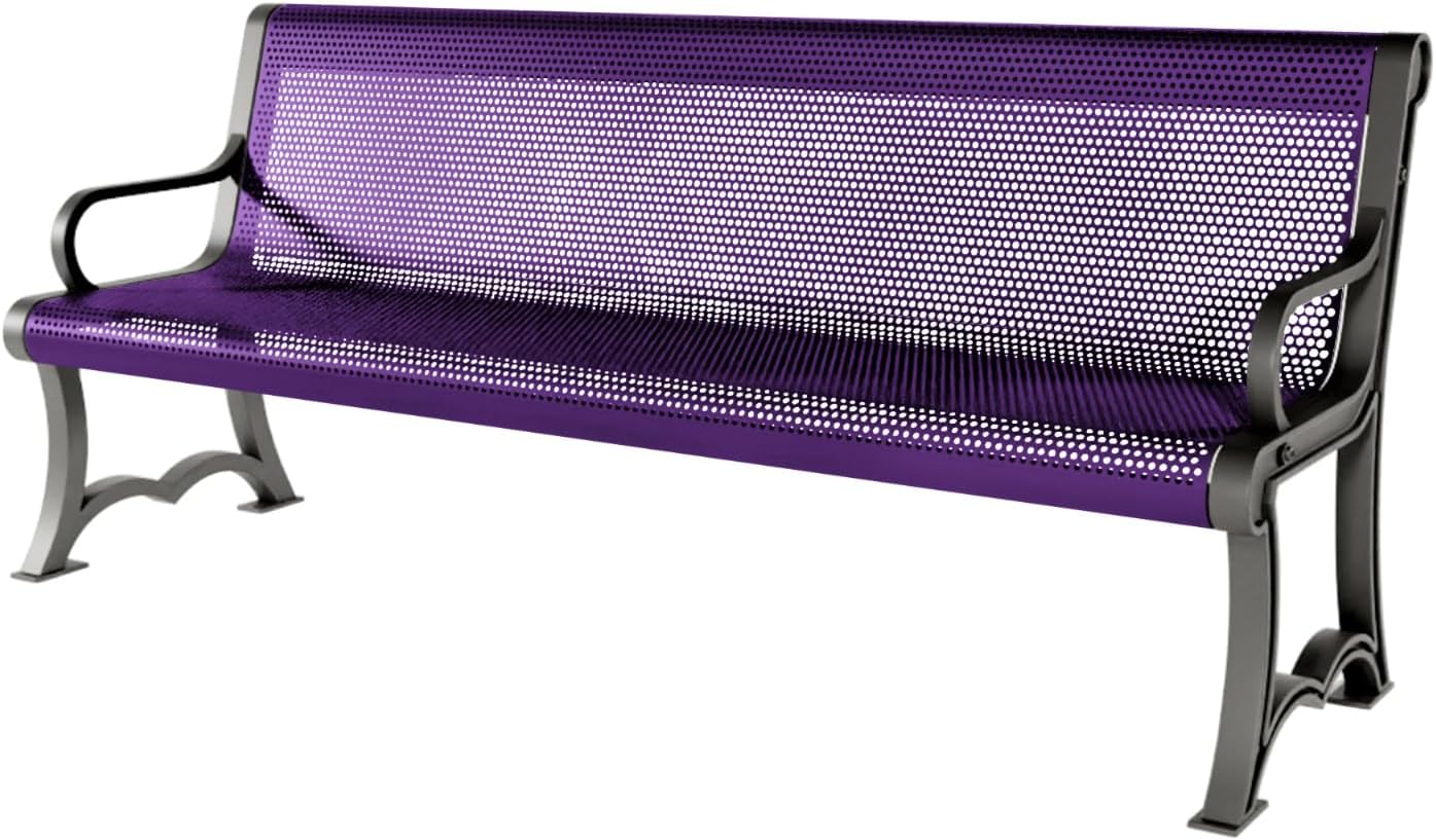 Heavy-Duty Outdoor Bench Thermoplastic Coated, Punched Steel, Commercial-Grade Garden Bench, Made in America (Portable with Back, 6 Ft, Textured Purple)
