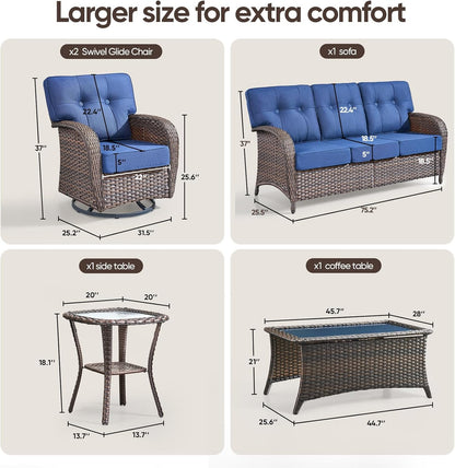 5-Piece Rotating Balcony Chair Set with 31-inch T-Shaped Wide backrest - Rattan Outdoor Rotating Balcony Chairs, Wide backrest Comfortable Outdoor Sliding Chair - Brown | Blue