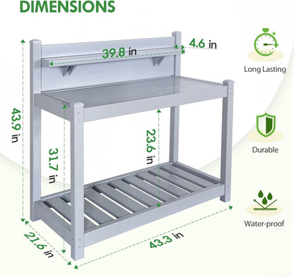EAGLE PEAK Outdoor Indoor Maintenance Free Vinyl Garden Potting Bench, Waterproof Potting Table with Open Shelf, Lower Storage, 40inx21.6inx43.9in, Gray