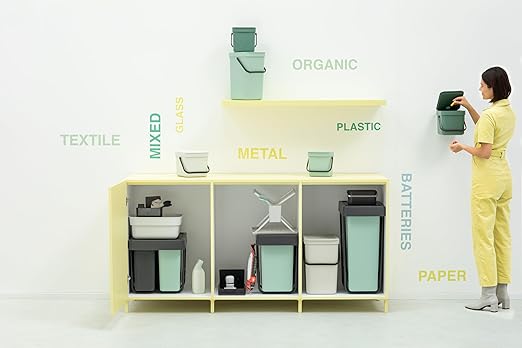 Brabantia Sort & Go Kitchen Countertop Food Scraps Compost Bin | XS / 1.6 Gal / 6L | Light Gray | Removable Stay-Open Lid, Carry Handle, Easy-Clean Recycling Box | Wall-Mounting Bracket Included