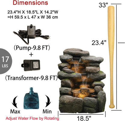 4-Tier Rock Water Fountain Outdoor Waterfall Garden Decor, 23.4" Cascading Waterfall With LED Lights for Patio, Lawn, Backyard, and Home, Faux Stone Design
