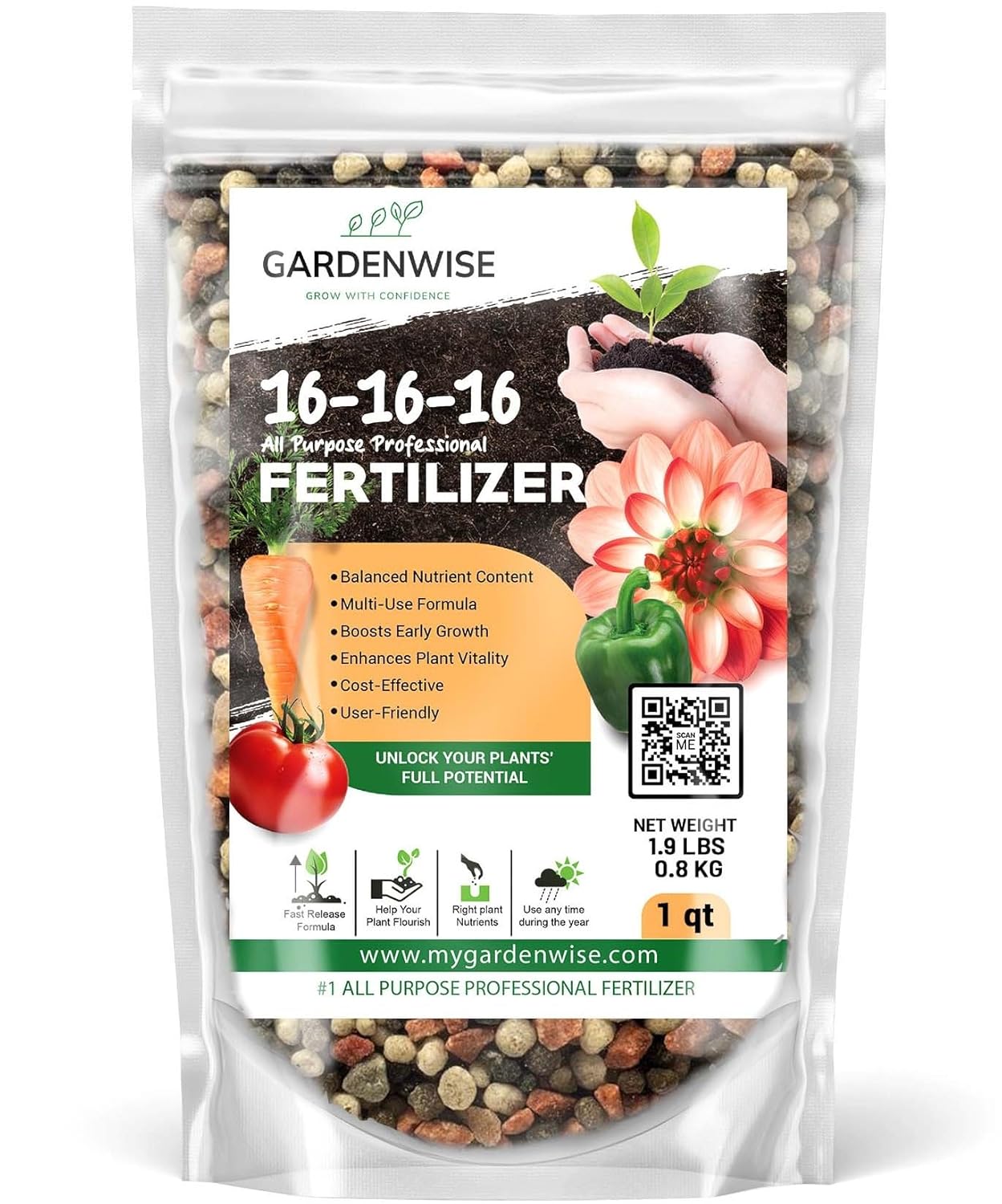 16-16-16 All Purpose Professional Fertilizer - Lawn, Flower, Tree, Shrub & Vegetable Garden Fertilizer (1 Quart)