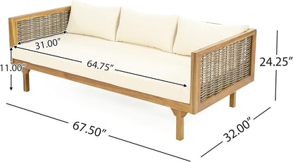 Christopher Knight Home Claremont Patio Sofa and Coffee Table Set, 2 Piece Wicker Patio Furniture Set, Acacia Wood 3 Seater Outdoor Sofa Daybed and Coffee Table Set, Teak+Beige