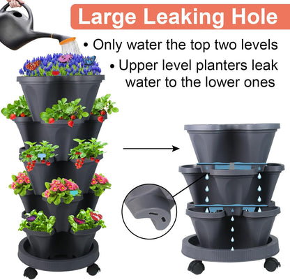 DUNCHATY Stackable Planter, Vertical Strawberry Planter with Garen Tool Set, Self Watering Garden Planter Indoor/Outdoor 5 Tier Herb Planter Pots for Growing Vegetables and Succulents, Dark Gray