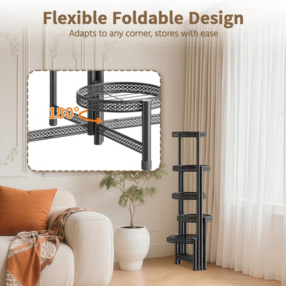LASZOLA 5 Tiered Folding Tall Plant Stand Indoor Outdoor for Large Planter, Heavy Duty Metal Adjustable Multiple Flower Rack for Corner, Wrought Iron High Spiral Holder for Modern House Patio, Black