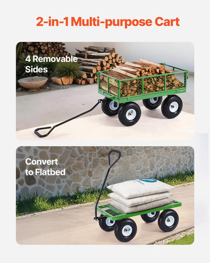 VEVOR 680 Lbs Steel Garden Cart on Wheels, Heavy Duty Garden Wagon Cart Pullable, Metal Outdoor Utility Yard Wagon Carts with 10" Tires, Mesh Removable Sides and 180°Rotating Handle