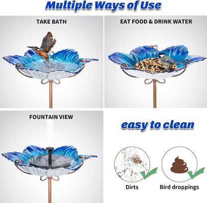 MUMTOP Bird Baths for Outdoors Glass Bird Bath Bowl Outdoor Bird Feeder Flower Pattern with Metal Stake for Garden, Yard and Lawn Decor(Blue)