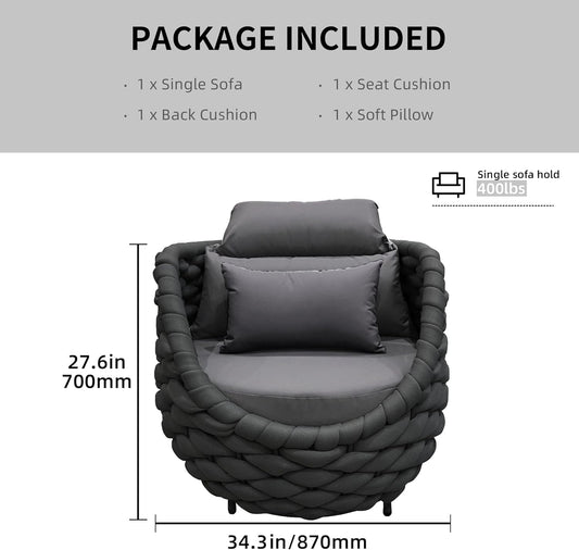 TWT 2 Pieces Patio Furniture Aluminum Armchair, All-Weather Polyester Rope Outdoor Single Sofa, Metal Chair with Cushions for Patio, Balcony, Backyard, Deck