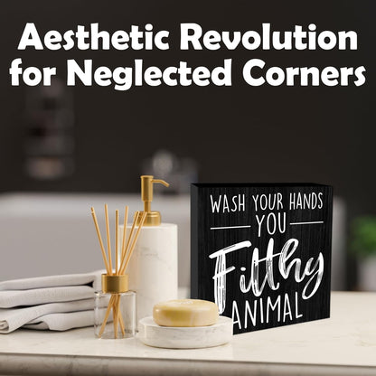 Wash Your Hands You Filthy Animal Wooden Block Sign - 5" Funny Wooden Plaque Tabletop Decor - Rustic Farmhouse Wood Sign Gifts For Friends Family Coworker - Bathroom Toilets Desk Decor & Supplies -B08
