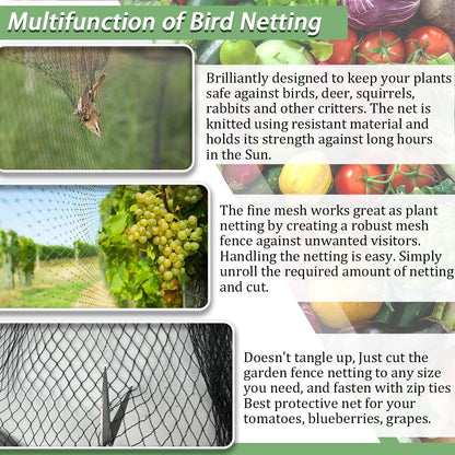 Bird Netting，25 x 25 FT Garden Netting Bird Net for Chicken Coop, Poultry Netting Fence for Fruit Trees, Plants and Vegetables Against Birds, Deer, Squirrels and Other Animals