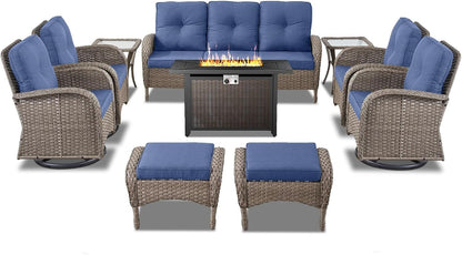 Expansive 10 Pieces Outdoor Patio Furniture Set with 43” Propane Fire Pit Table, Patio Conversation Set with Swivel Rocker Outdoor Chairs Set of 4 and Sofa, Ottoman and Wicker Side Table