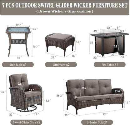 8 Piece Patio Furniture Set with 50000 BTU Propane Fire Pit Table, Outdoor Conversation Set with 2 Swivel Rocker Chairs Wicker Sofa and Ottomans for Casual Gatherings Grey