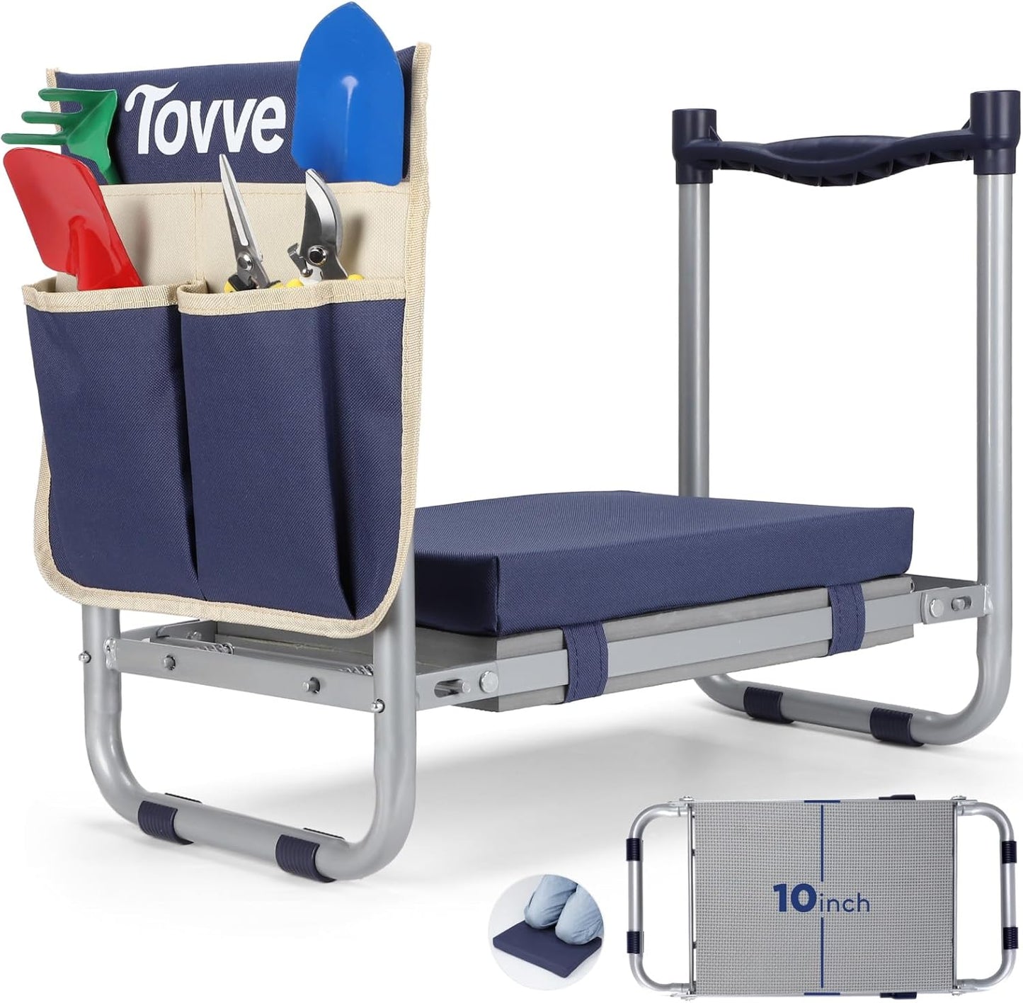 Foldable Garden Kneeler and Seat, Heavy Duty Garden Stool with 10" Wide Detachable Kneeling Pad, Portable Garden Bench Chair with Large Garden Tool Bag, Gardening Gifts for Women, Seniors, Mom