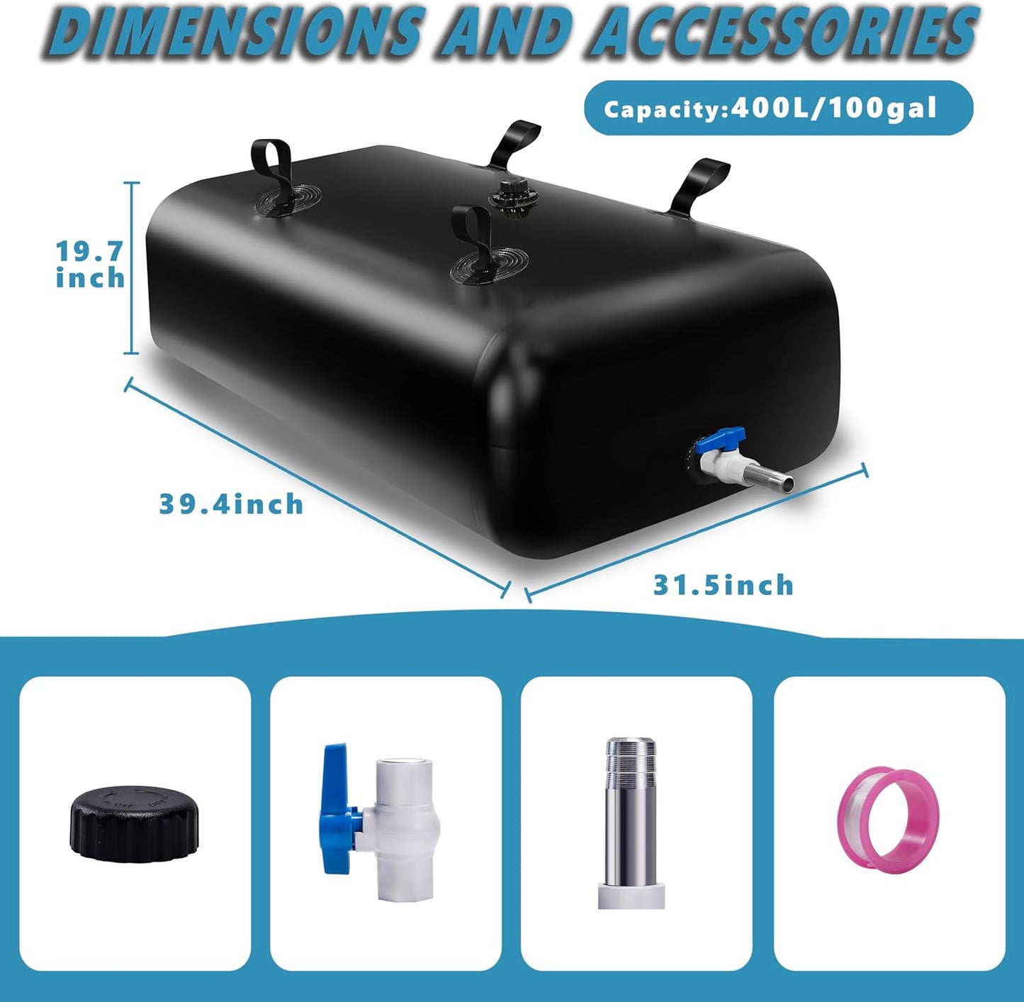 400 L/100 Gal Water Bladder Tank, Foldable Portable Water Storage Container, Emergency Water Bag for RV, Truck Bed, Fire Prevention, Drought Resistance, Black