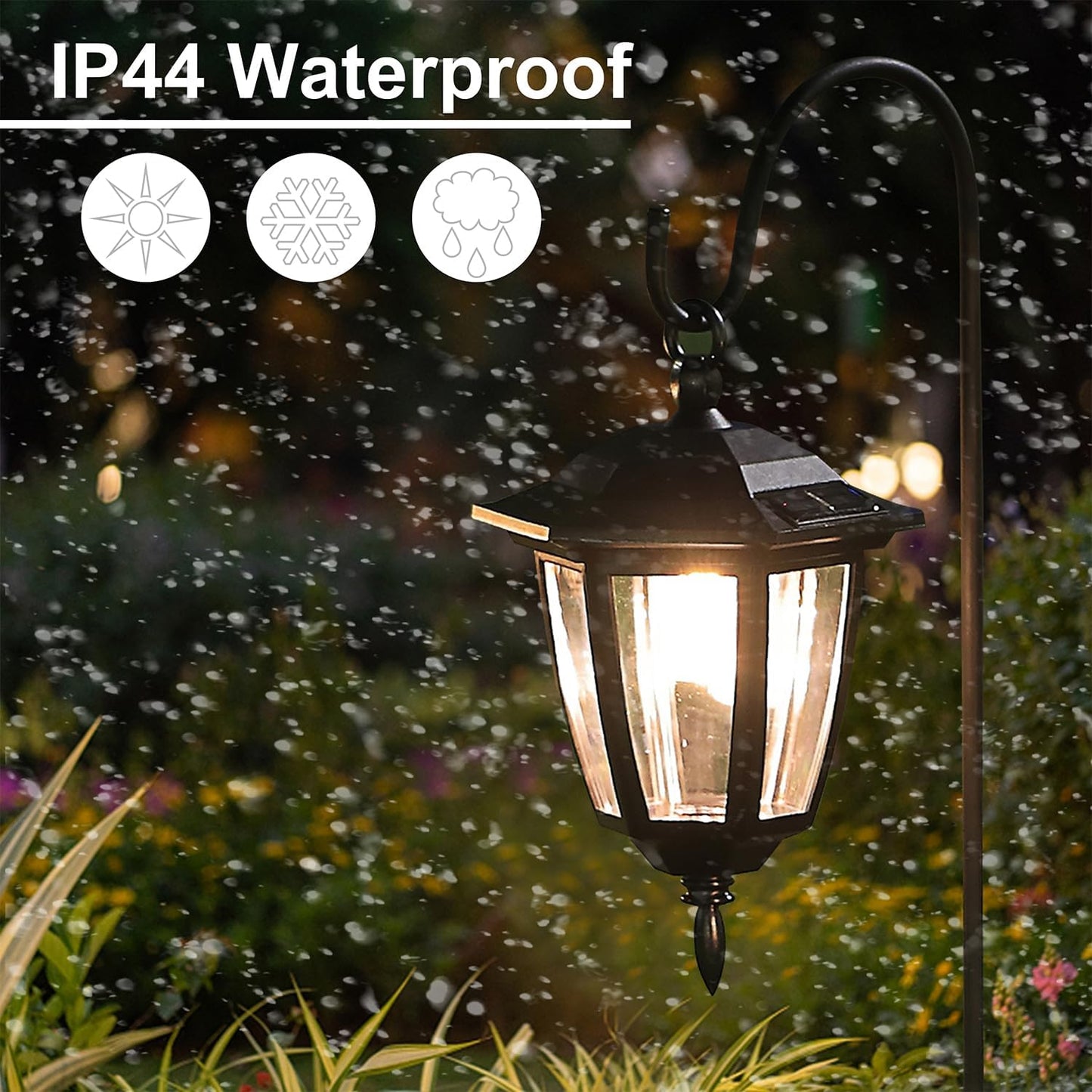 Dynaming 4 Pack Solar Hanging Lights Outdoor, Solar Powered Garden Decorative Lanterns with 4 x 38 Inch Shepherd Hooks, Waterproof Landscape Lighting for Lawn Patio Yard Pathway Driveway, Warm White