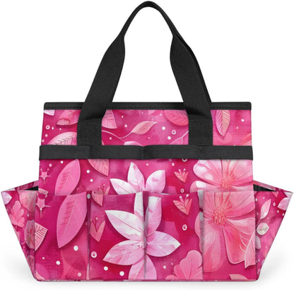 Rose Red flower Gardening Tool Bag,Heavy Duty Garden Tote Bag,Portable Oxford Gardening Storage Basket Organizer Handbag with Pockets Handle,Hand Tools Gifts for Outdoor Garden Lawn