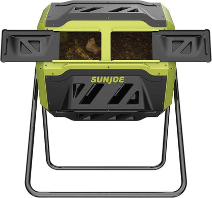 Sun Joe Outdoor Tumbling Composter Bin with 360° Dual Chamber, 2-10 Weeks Compost, 42 Gal - Rotating Composting Tumbler for Home Waste Management and Solution, SJ-CMPS1
