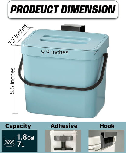 Kitchen Compost Bin - 1.8 Gallons Hanging Trash Can with Lid for Kitchen Cabinet Door, Under Sink, Wall Mounted Waste Bin for Bathroom, 7L(Subtle Blue)