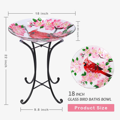 VCUTEKA Bird Baths for Outdoors, Glass Bird Bath with Metal Standing for Garden, Yards Patio Décor, Bird Lovers Gift, Cardinal Glass Birdbath Detachable (22" H * 18" W)